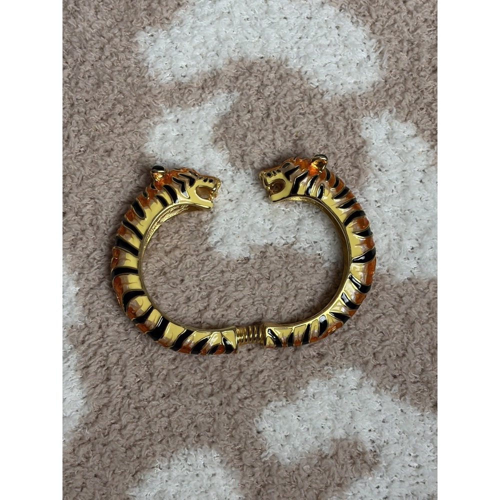 Kenneth Jay Lane KJL Orange Black Enamel Twin Tiger Head Hinged Bangle Bracelet